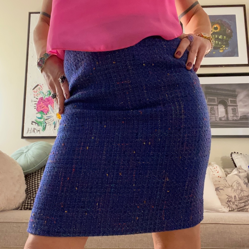 vintage francess & rita blue colorful tweed wool blend pencil skirt / size 4